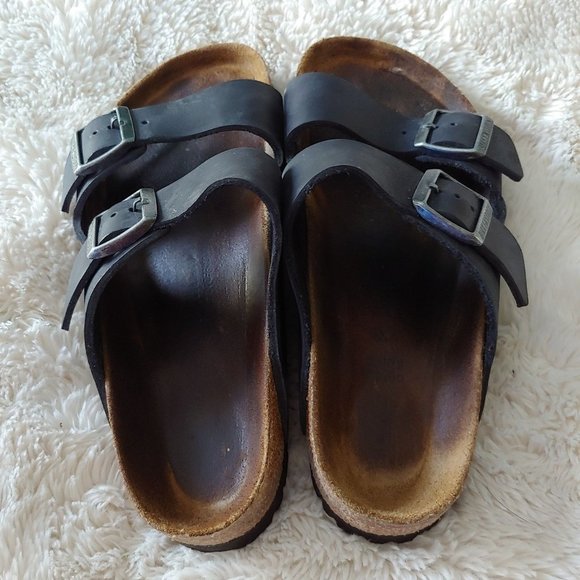Birkenstock 2 strap black leather 38 approx 7-9 womens - Picture 2 of 12